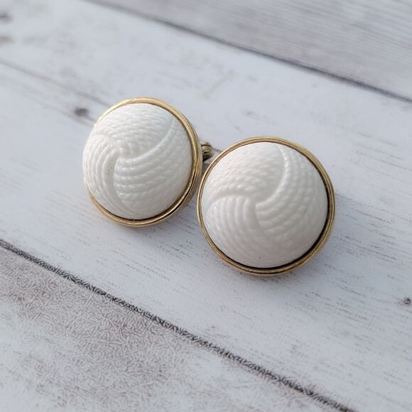 Vintage Monet Clip On Earrings Domed White with Gold Tone Statement - Picture 3 of 5